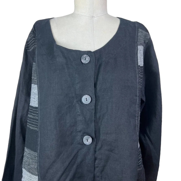 Tara Vao Collarless Button Top in Black Gray Stripe Lagenlook‎ Size XL - Picture 2 of 12